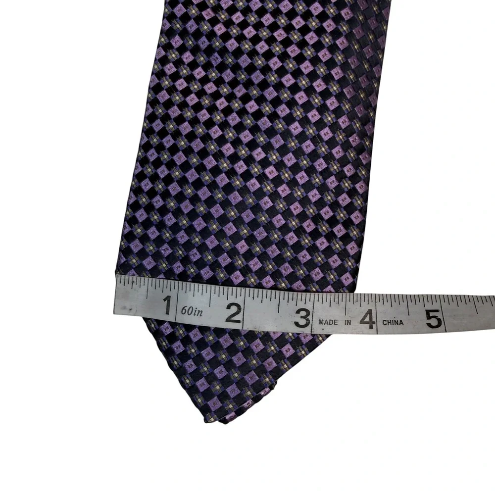 Altea Milano Mens Purple Black Geometric Check Silk Tie Handmade Italy 3.75in
